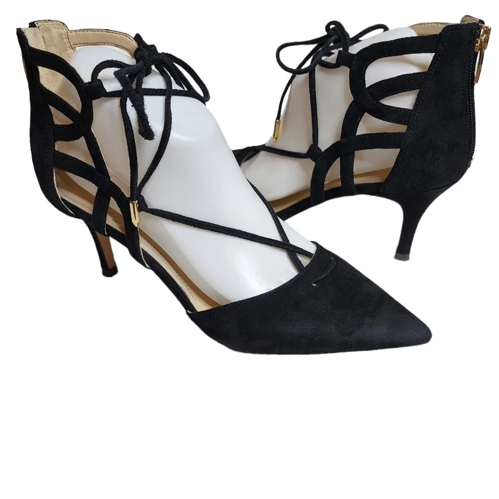 Marc Fisher Black Leather Suede Truthe Lace-up Pointed Toe Pumps Size 7.5